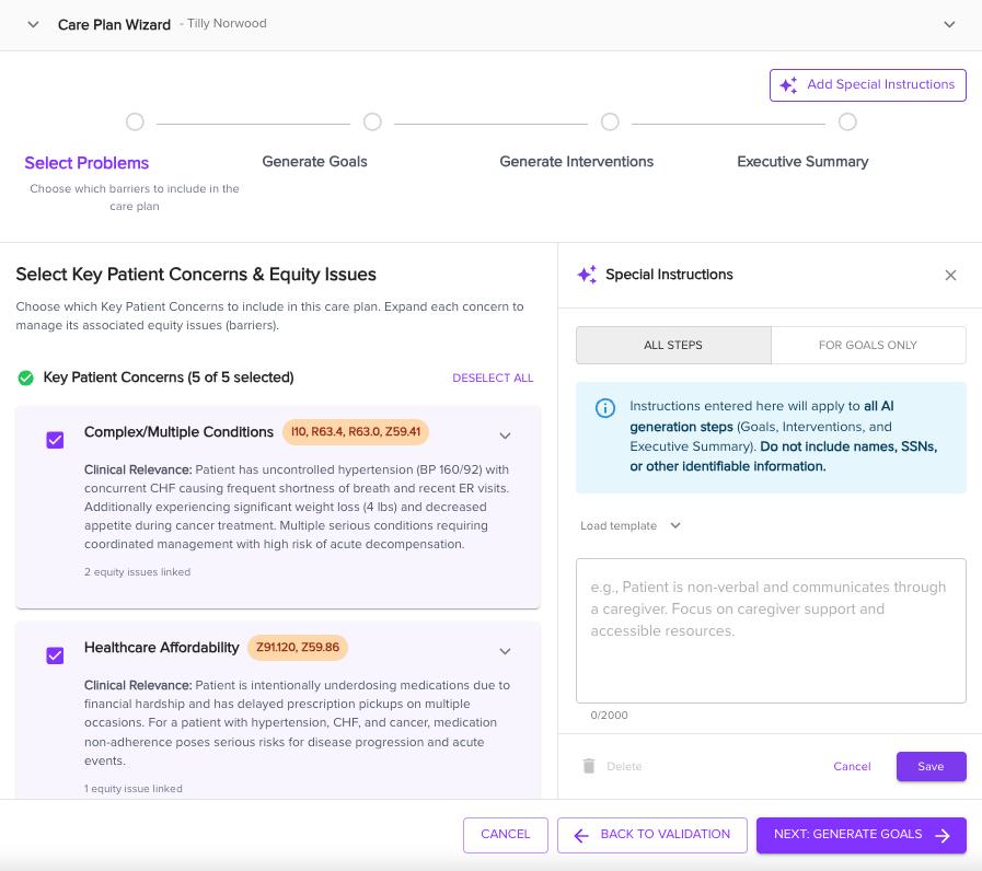 Care Plan Wizard generating problems, goals, and interventions