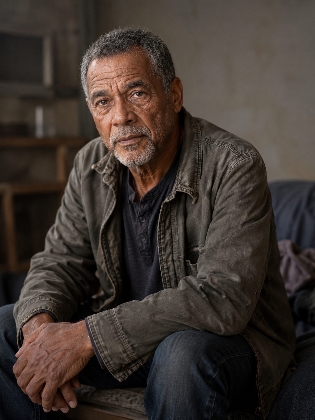An older man in a worn jacket sits leaning forward with his hands clasped, looking tired and concerned.