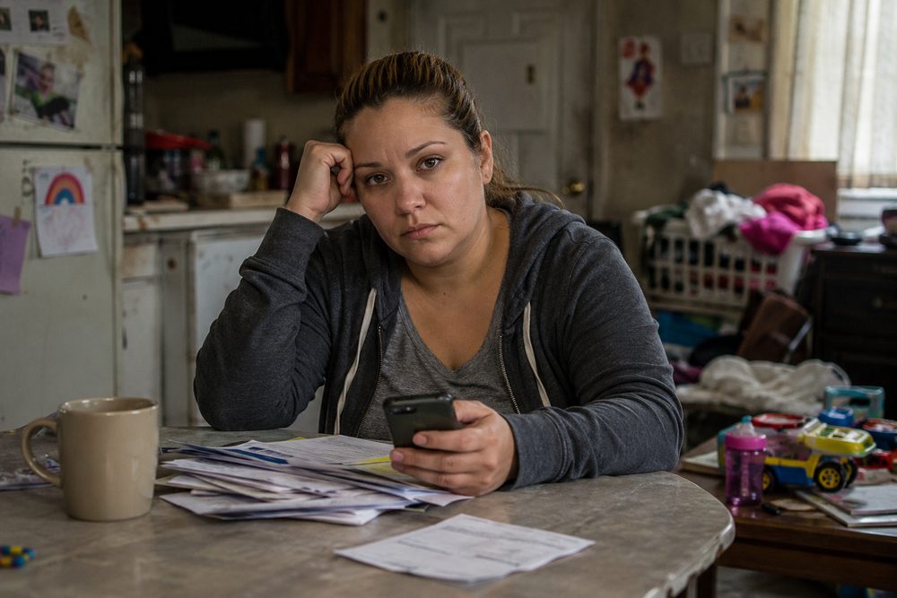 A young single mother sits at her kitchen table surrounded by unpaid bills, holding her phone.