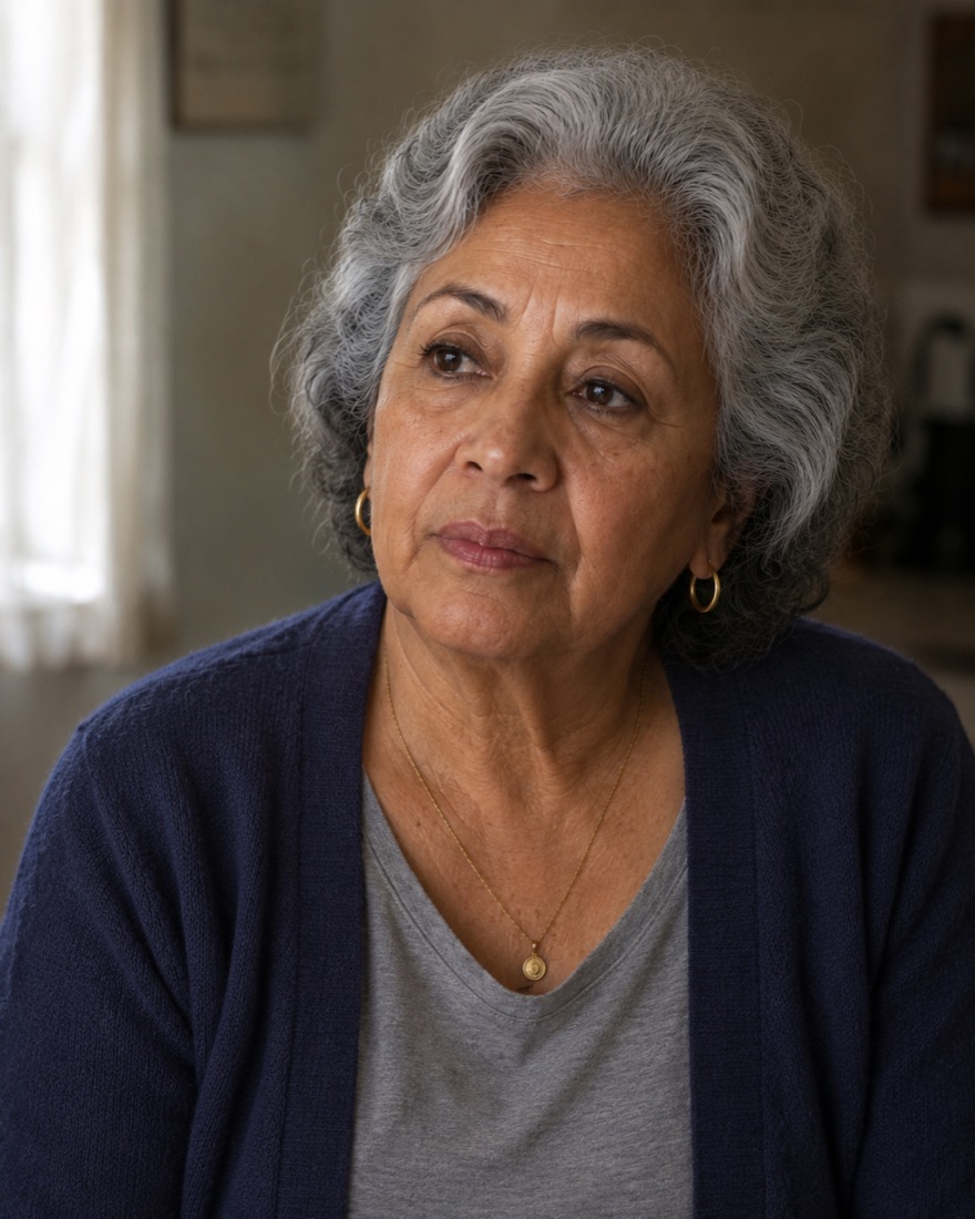 An older woman in a purple cardigan sits at home, looking quietly worried.